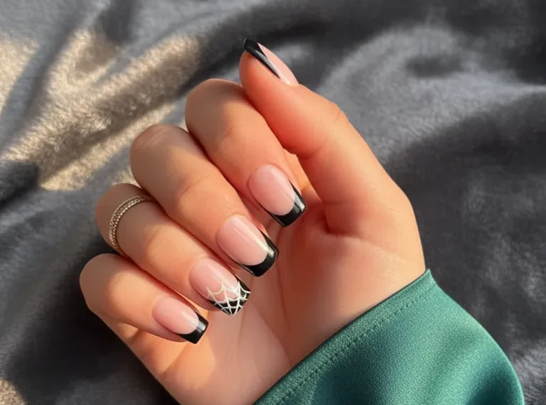 Black French and Web Halloween Nails – Chic Spooky…