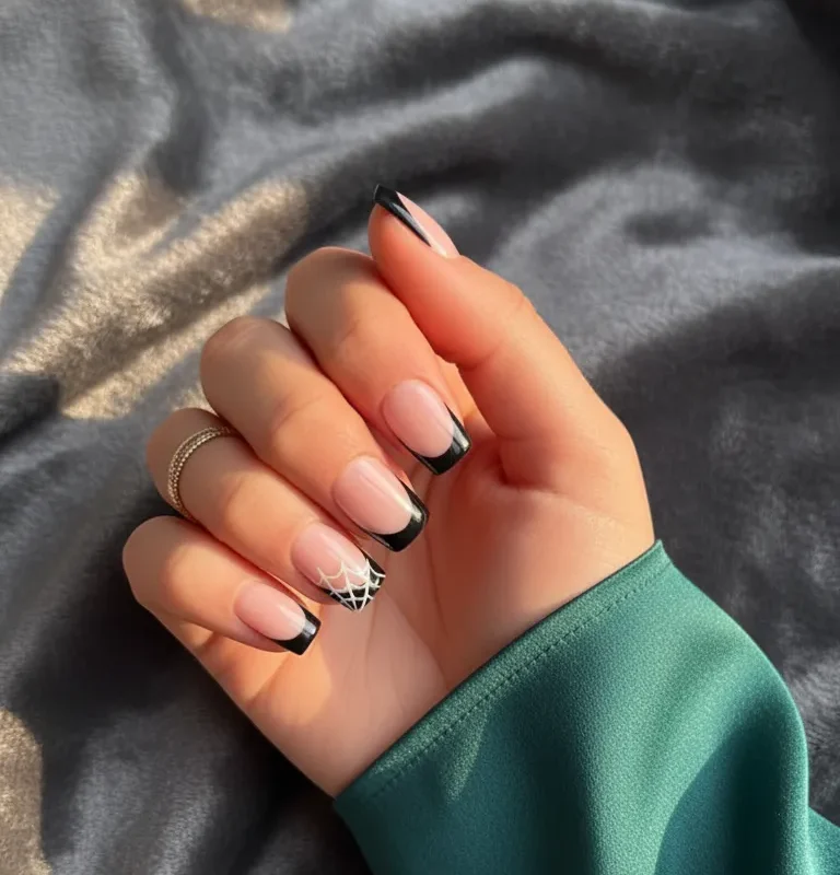 Black French and Web Halloween Nails – Chic Spooky Style for 2025