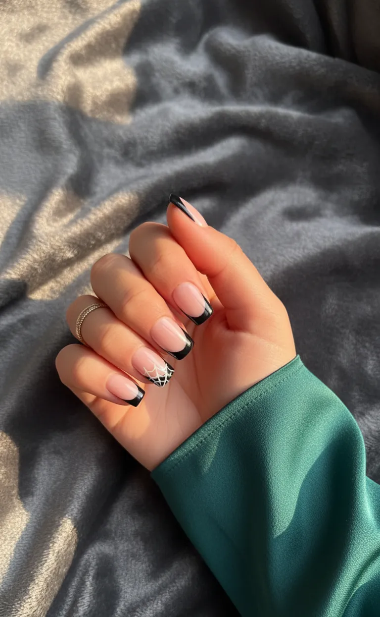 Black French and Web Halloween Nails – Chic Spooky Style for 2025